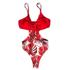 NWOT SHEIN One Piece Swimsuit/Bathing Suit in Red (with Tie & Red Leaves Design)